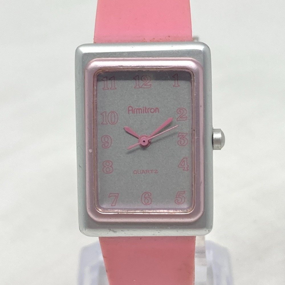 Vintage Armitron Tank Watch Women 22mm Silver Tone Pink Matte New Battery 7.75"